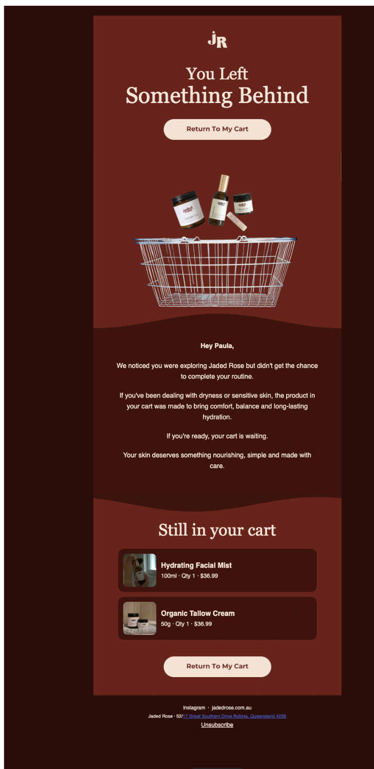 Jaded Rose abandoned-cart email with basket illustration and product reminders