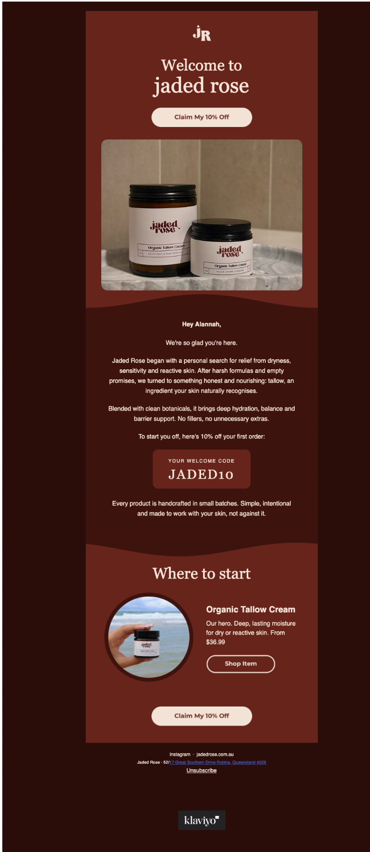 Jaded Rose welcome email with product photography and a 10 percent introductory offer