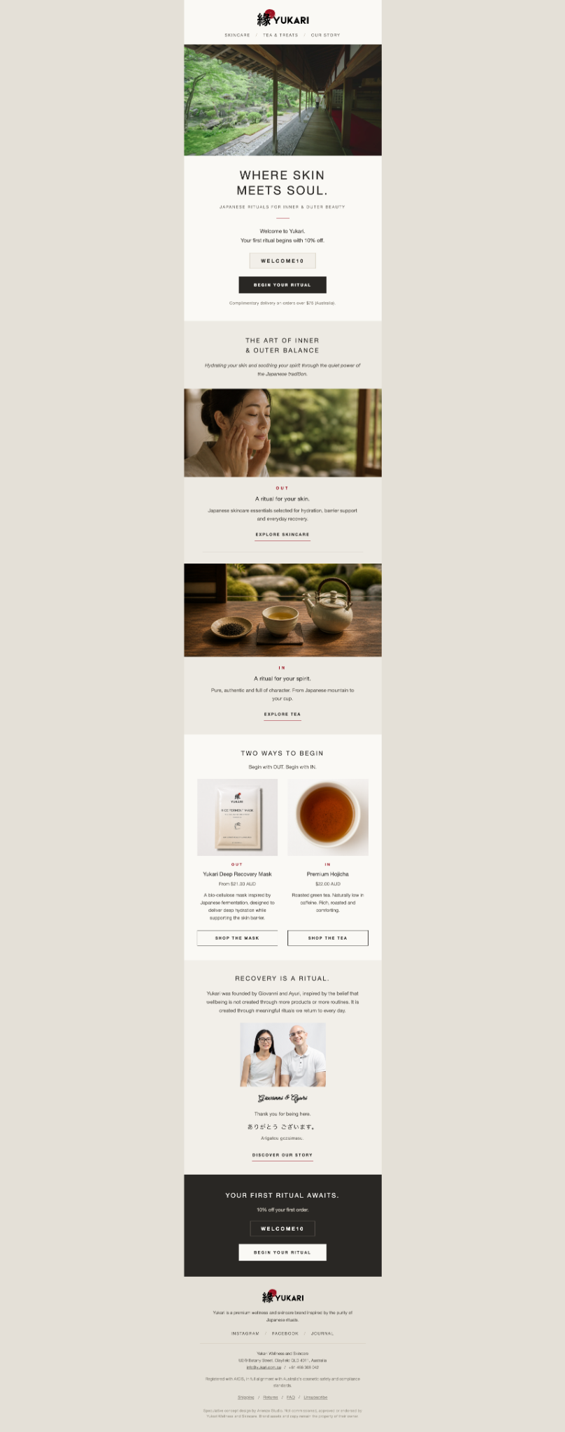 Full Yukari welcome email concept featuring Japanese garden imagery, skincare, tea, brand storytelling and a first-order offer