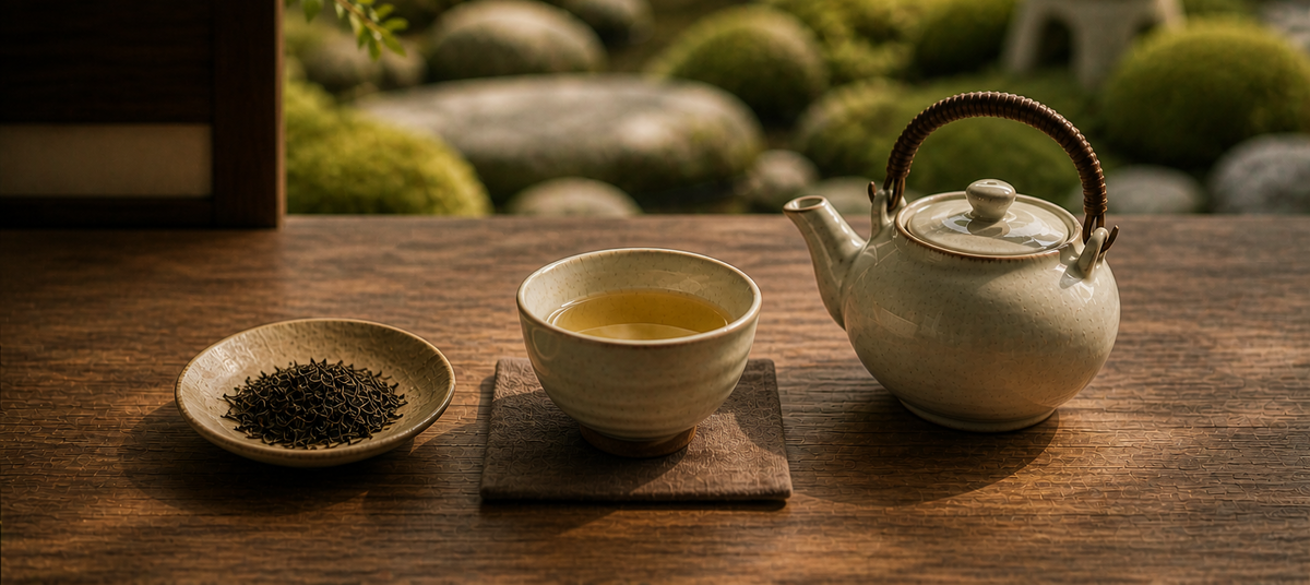 A Japanese teapot, cup of green tea and dish of loose leaf on a wooden table by a mossy garden
